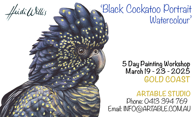 bird painting workshop, black cockatoo, art class